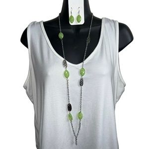 Long necklace with green beading and chain detail - matching earrings